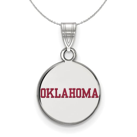 Sterling Silver U of Oklahoma Small Enamel Disc Pendant Necklace, 20in - Picture 1 of 7